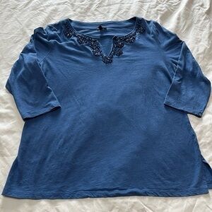 Talbots Women’s Blue Split Neck Beaded Embellished Neckline Petites XL